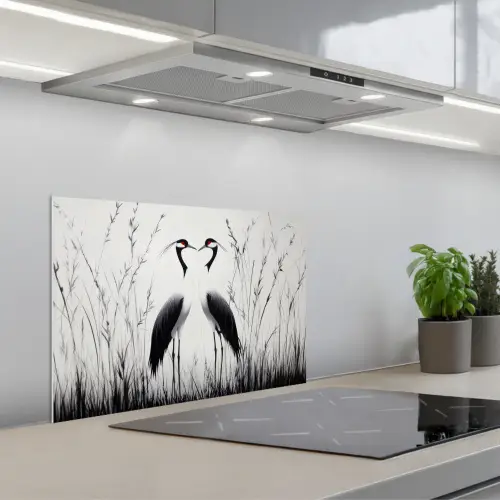 Kraanvogels - Gras - Hartvorm - Zwart keuken achterwand spatscherm klein -3d_schuin