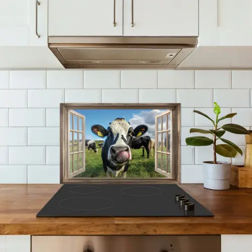 Doorkijk - Koe - Weiland - Dieren - Natuur keuken achterwand spatscherm klein -sfeer2