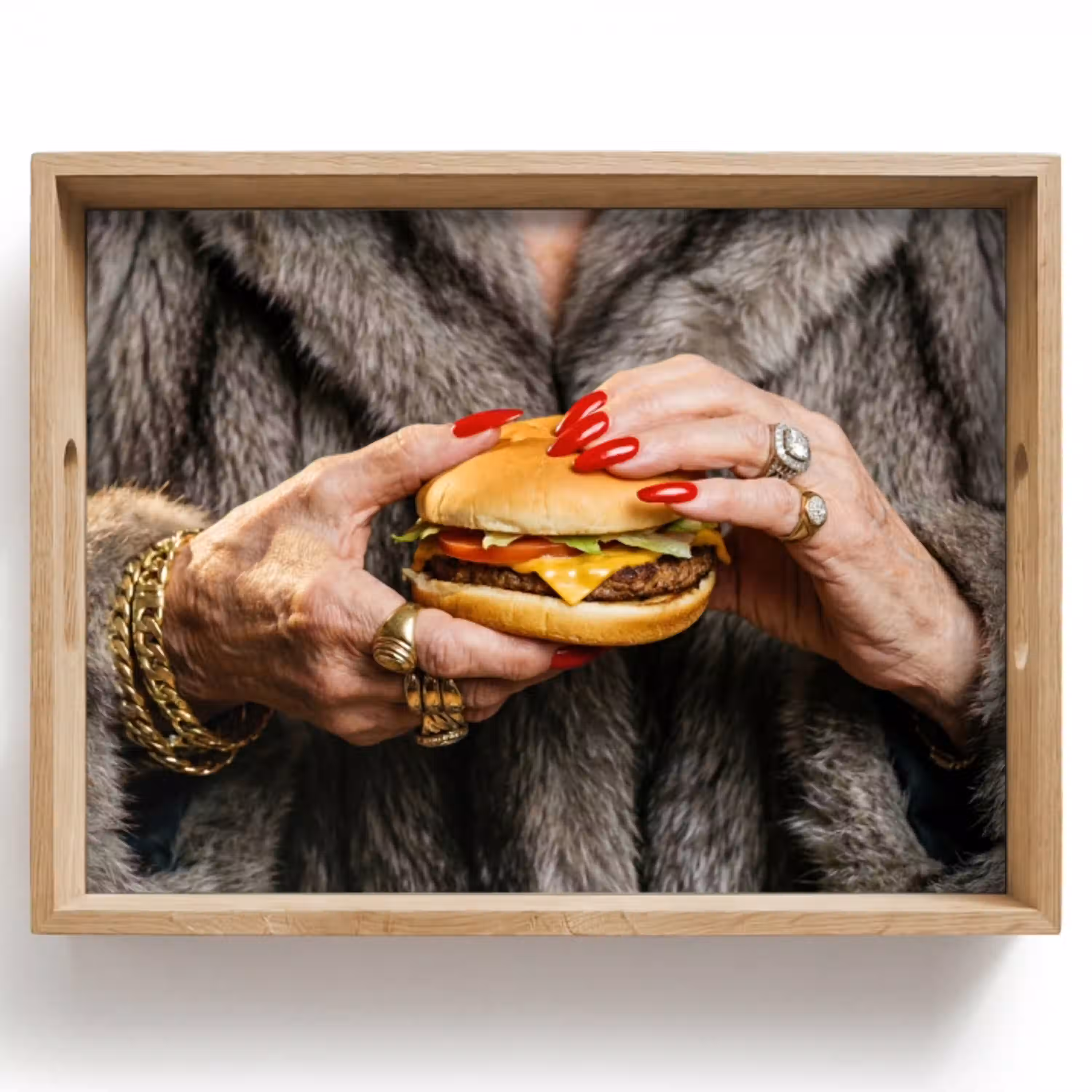 Vrouw - Hamburger - Bontjas Dienblad Rechthoek middel -z3d_shopping
