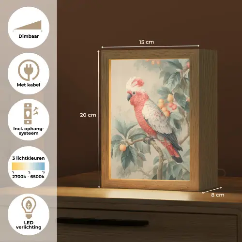 Roze kuifkaketoe - Tak met vruchten - Bladeren Light Box met kabel (Tafellamp) klein -USP_NL