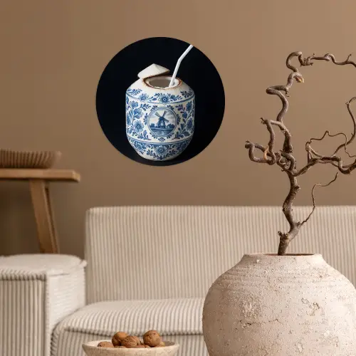 Kokosnoot - Eten - Delfts blauw - Drinken Wandcirkel behangsticker klein -sfeer1