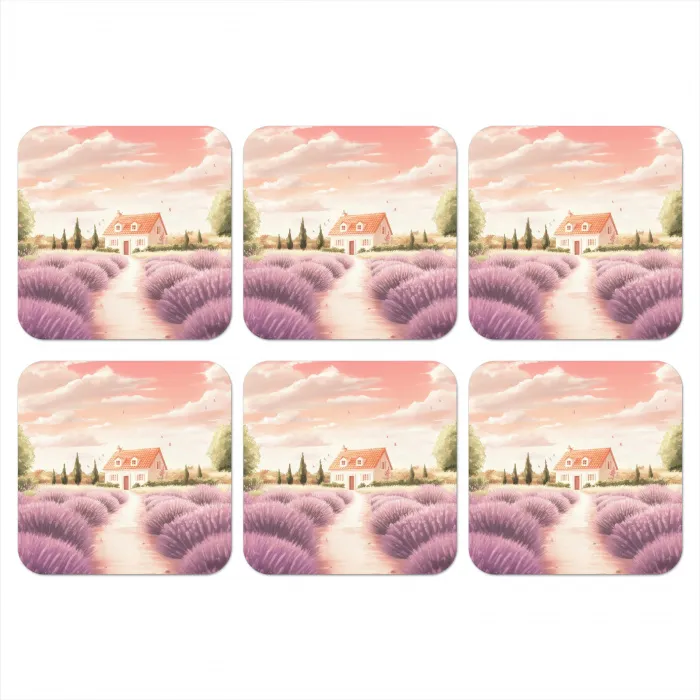 Lavendelveld - Huis - Paars onderzetter kurk middel -3d