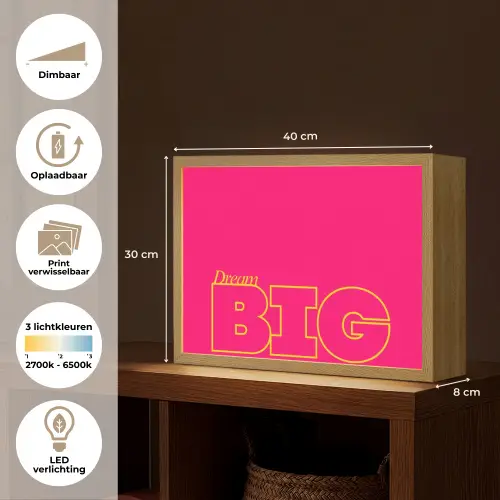 Minimalistisch - Roze - Dream big - Grafisch Light Box met batterij (Wandlamp) middel -USP_websiteoverzichtNL