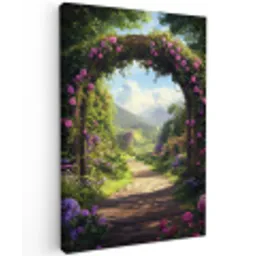 Doorkijk - Rozenboog - Uitzicht - Landschap - Bloemen Tuinposter op houten frame 2 cm dik klein -3d