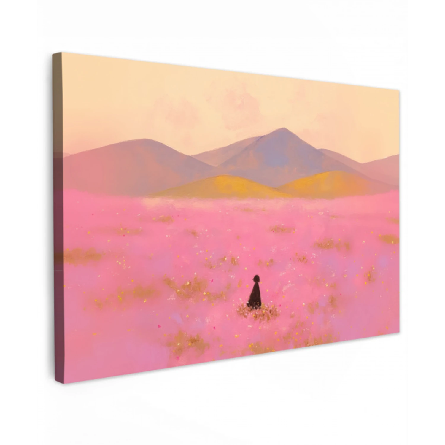 Bloemenweide - Heuvels - Silhouet - Roze Tuinposter op houten frame 2 cm dik klein -3d