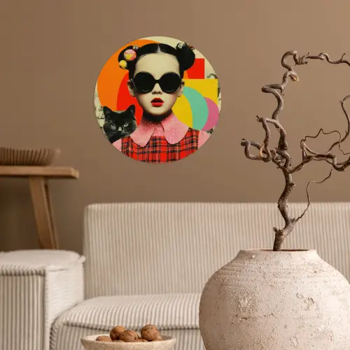 Meisje - Zonnebril - Kat - Retro Wandcirkel behangsticker klein -sfeer1