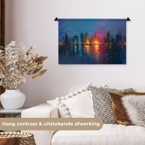Skyline - Penseelstreken - Donkerblauw - Lichtgevend Wandkleed katoen klein -sfeer1
