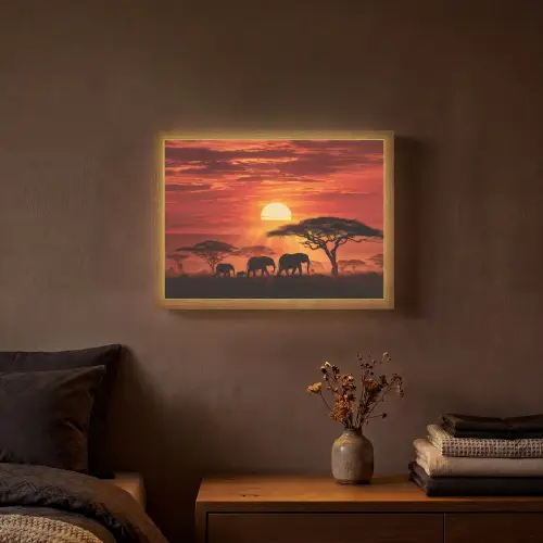 Savanne - Olifanten - Zonsondergang Light Box met batterij (Wandlamp) middel -sfeer4