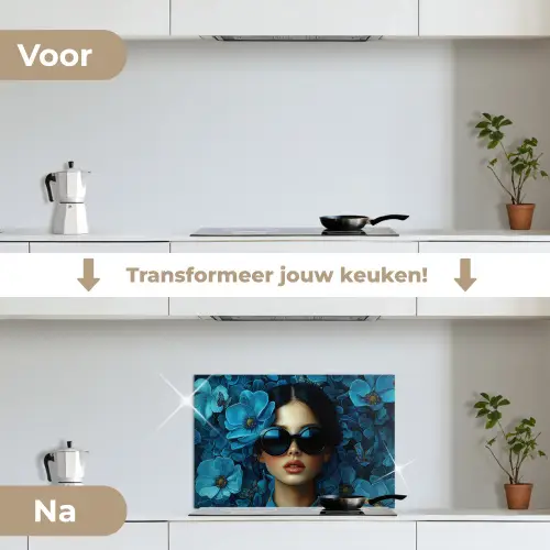 Vrouw - Bloemen - Blauw - Aesthetic - Luxe keuken achterwand spatscherm klein -voor_na_NL