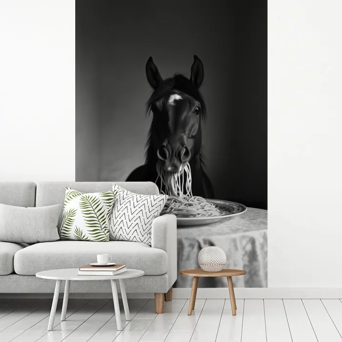 Paard - Bord - Pasta - Tafelkleed - Zwart Wit - Dieren fotobehang vinyl groot -woonkamer