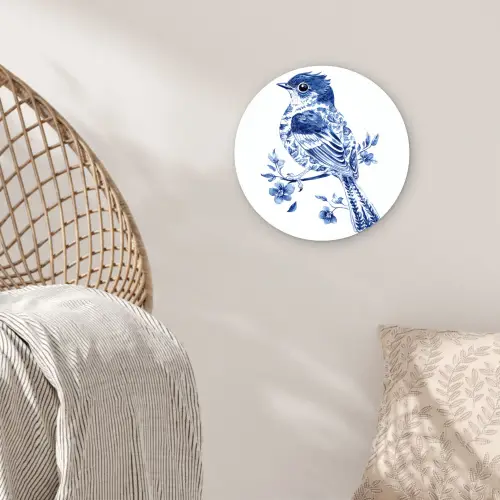 Vogel - Delfts blauw - Illustratie - Bloemen Wandcirkel kunststof plaat 5mm dik klein -sfeer5