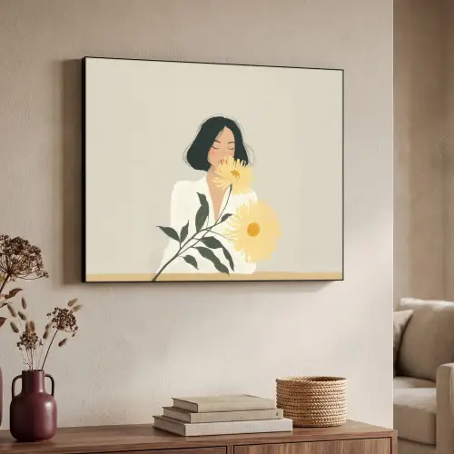 Vrouw - Bloem - Geel - Minimalistisch Textielframe zwart klein -sfeer3