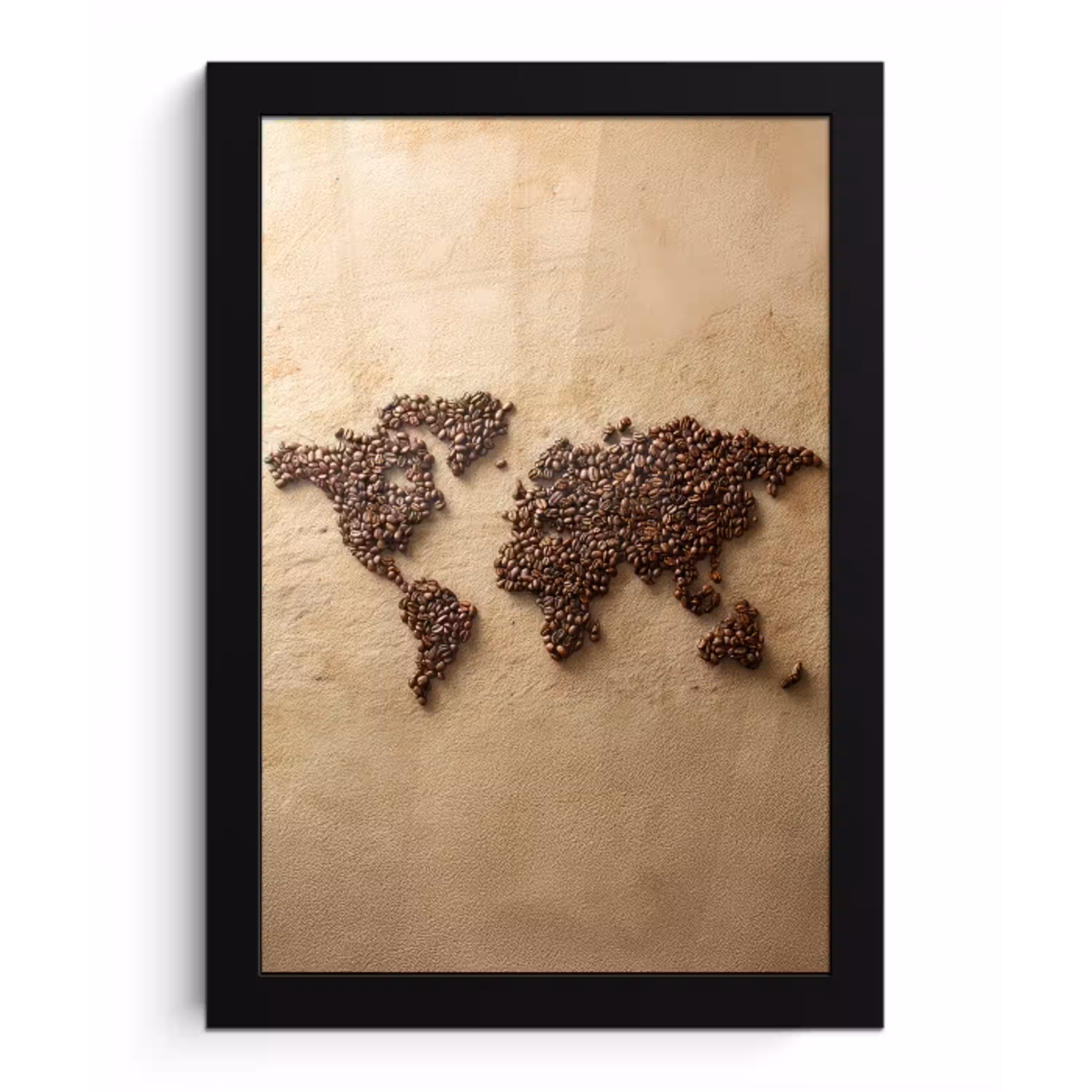 Wereldkaart - Zandkleur - Koffiebonen fotolijst zwart zonder passe partout klein -3d