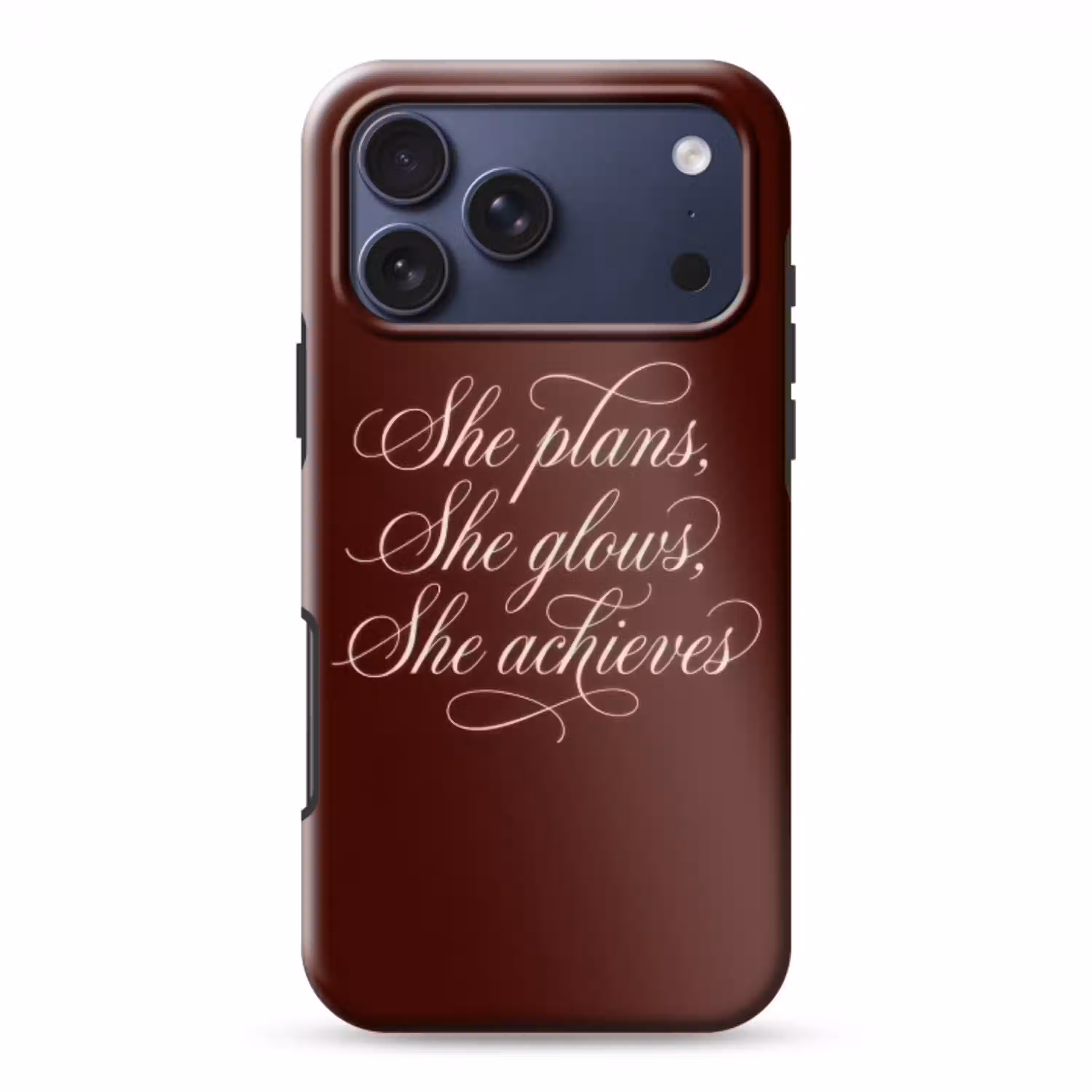 She plans she glows she achieves - Rood - Cursief Toughcase MagSafe Apple iPhone 17 Pro Max klein -3d