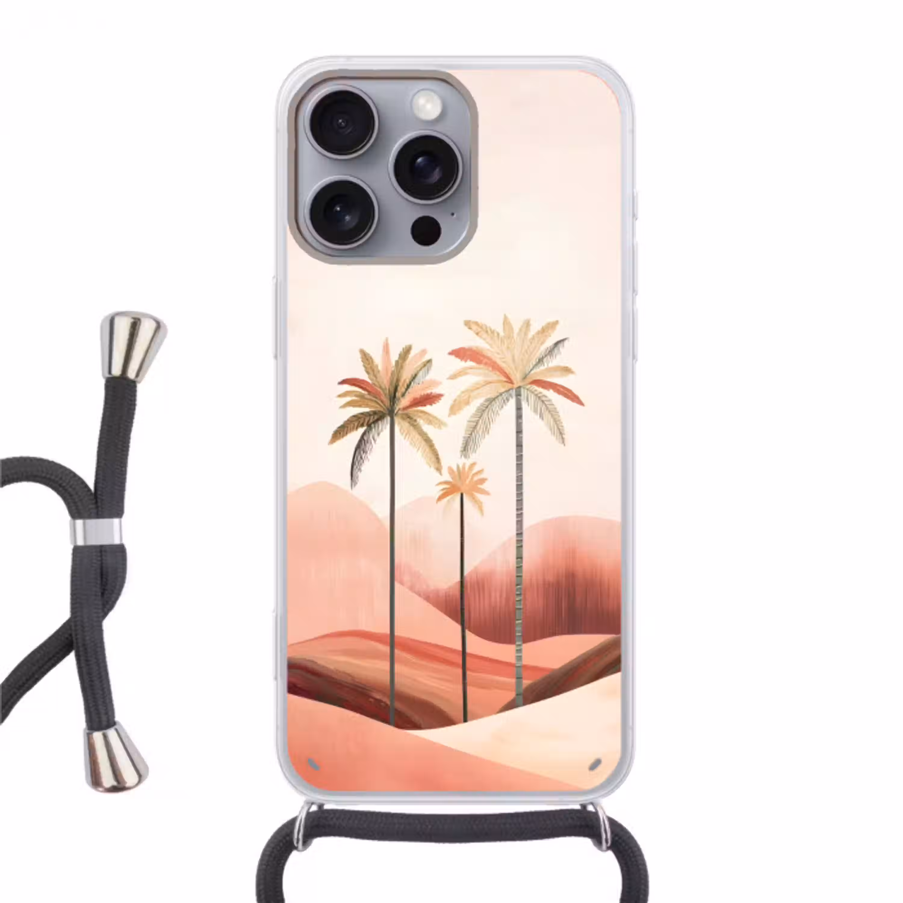 Palmbomen - Heuvels - Minimalistisch - Zachtroze Hoesje iPhone 16 Pro Max met koord klein -3d