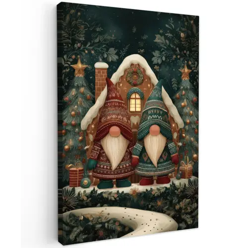 Kerst - Gnomen - Peperkoekhuisje - Rood - Groen Tuinposter op houten frame 2 cm dik klein -3d