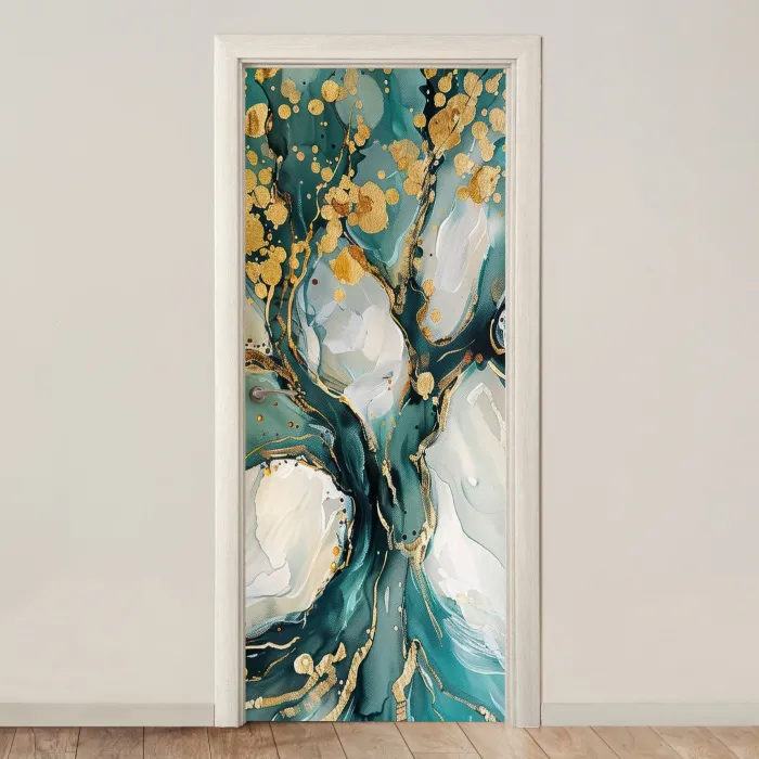 Boom - Modern - Verflook - Turquoise - Goud deurposter klein -3d_beige
