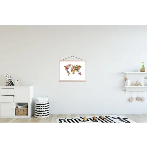 Wereldkaart - Bloemen - Felgekleurd textielposter latten blank klein -kinderkamer