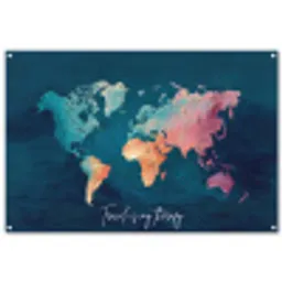 Wereldkaart - Geschilderd - Blauw - Travel tuinposter los doek groot -3d