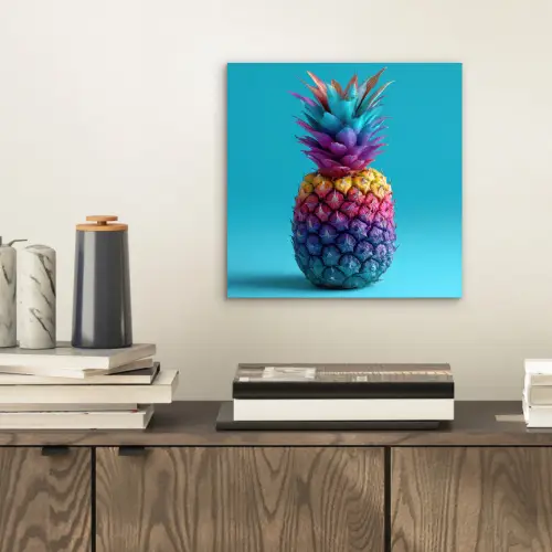 Ananas - Regenboog - Blauw - Popart aluminium wit klein -sfeer1