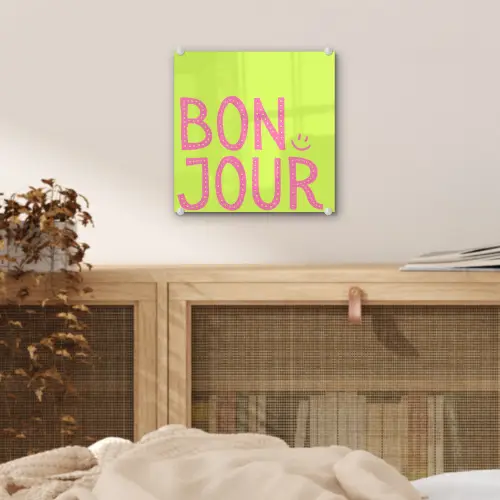 Groen - Smiley - Bonjour - Roze plexiglas 5mm klein -sfeer4