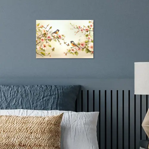 Takken - Bloemen - Vogeltjes - Roze poster papier klein -sfeer2