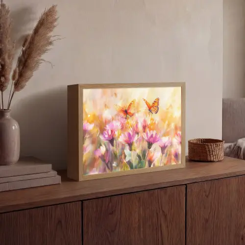 Vlinders - Oranje - Bloemen Light Box met batterij (Wandlamp) middel -sfeer2