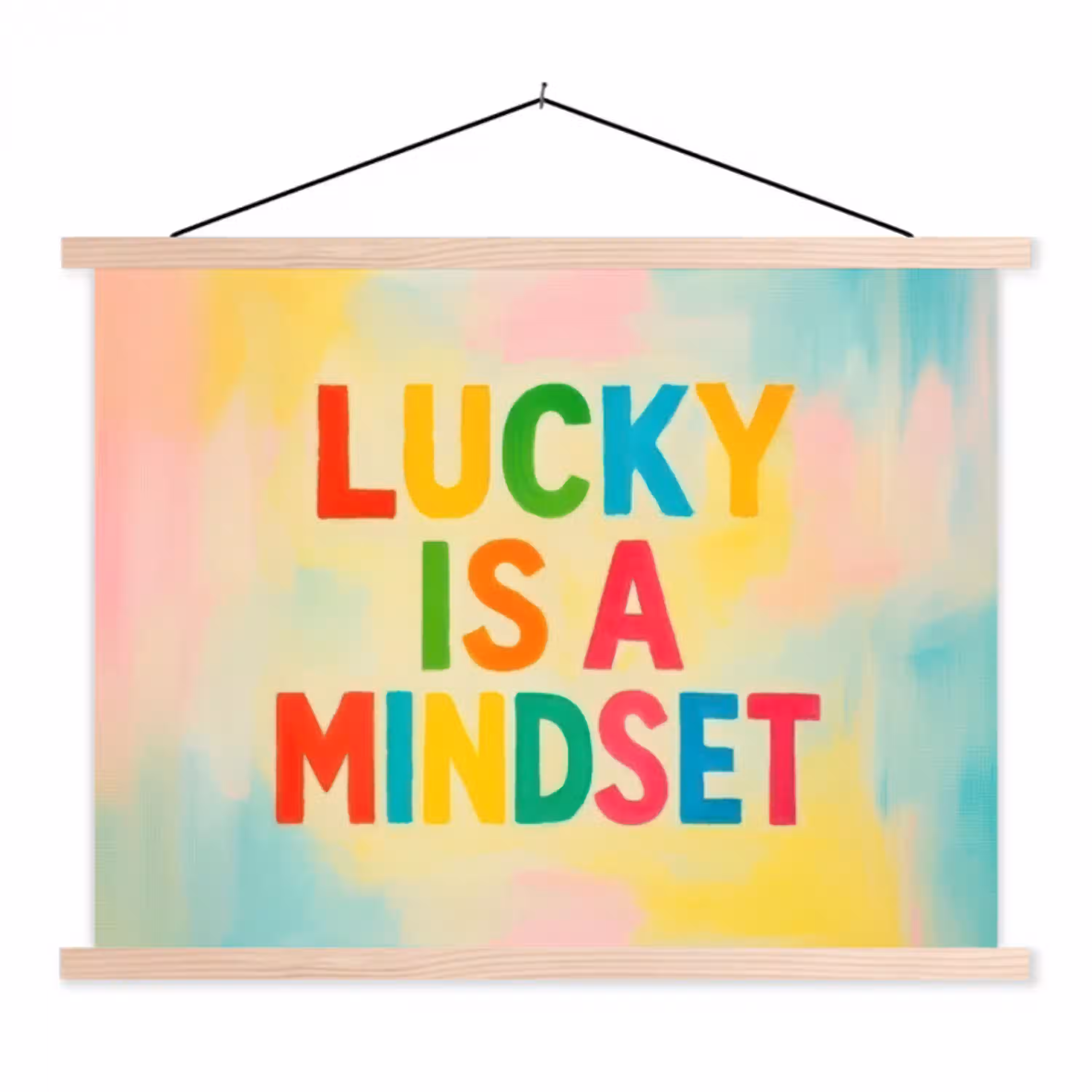 Quote - Lucky - Regenboogkleuren textielposter latten blank klein -3d