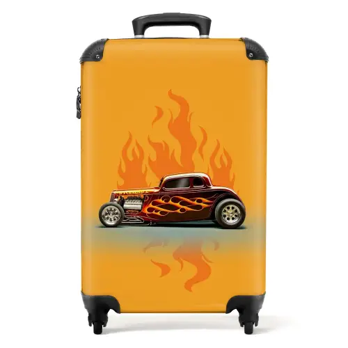 Bruine auto met gele vlammen Koffer - NBS - Handbagage middel -productfoto_recht