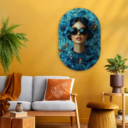 Vrouw - Bloemen - Vlinders - Blauw - Abstract Wandcirkel Ovaal Glas middel -sfeer4