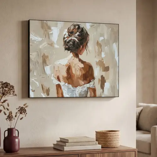 Vrouw - Verf - Abstract - Beige - Modern Textielframe zwart klein -sfeer3