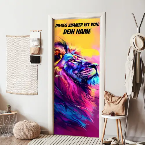 Bunter Löwenkopf im modernen Neon-Art-Stil mit personalisierbarem Namensfeld. deurposter klein -sfeer6