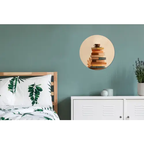 Boeken - Toren - Koffie - Beige Wandcirkel aluminium klein -slaapkamer