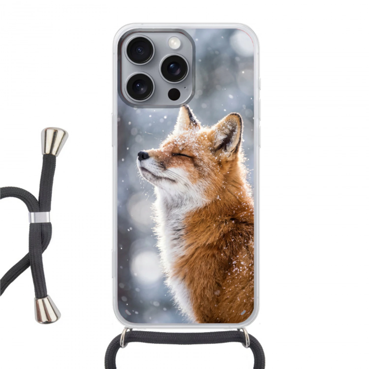 Vos - Sneeuwval - Portret - Winter - Sfeervol Hoesje iPhone 16 Pro Max met koord klein -3d