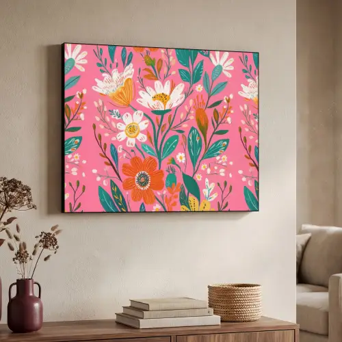 Roze - Bloemen - Wit - Oranje Textielframe zwart klein -sfeer3