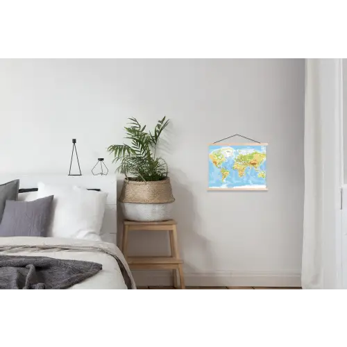 Wereldkaart - Staatkundig - Blauw - Aarde - Educatief textielposter latten blank klein -woonkamer