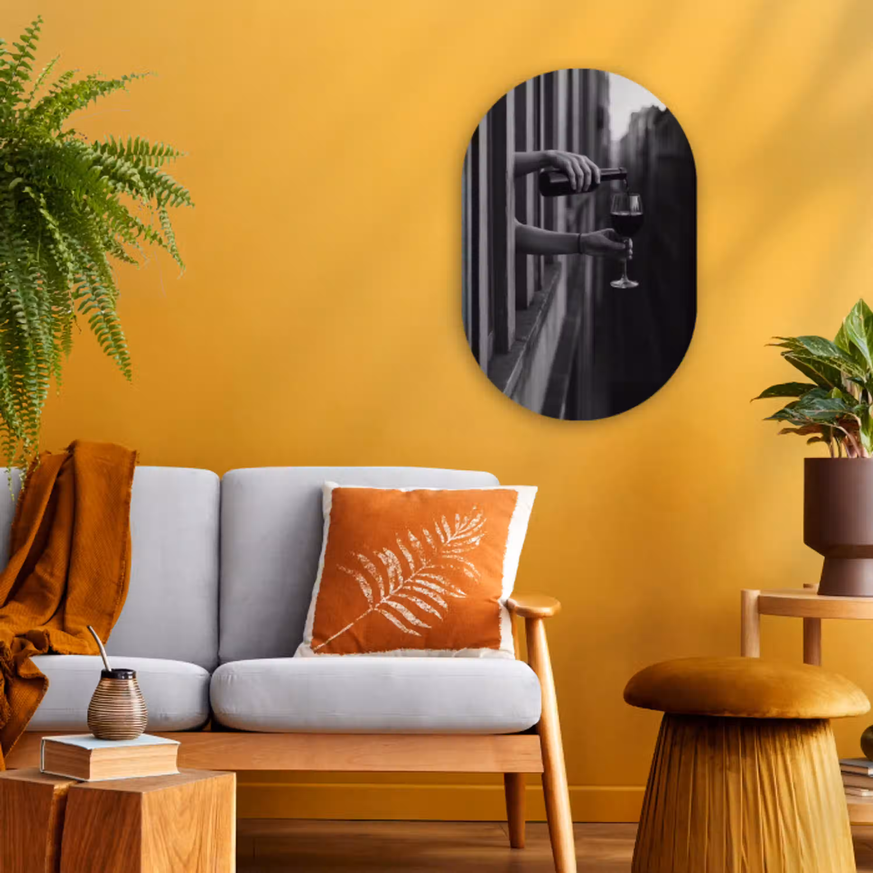 Wijnfles - Glas - Handen - Raam Wandcirkel Ovaal Forex klein -sfeer4