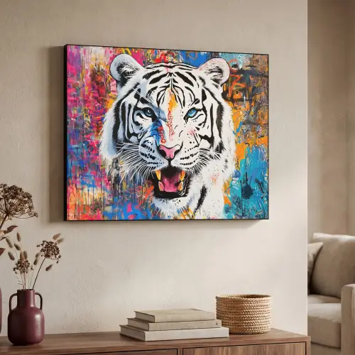 Street art - Tijger - Wit - Graffiti - Dieren Textielframe zwart klein -sfeer3