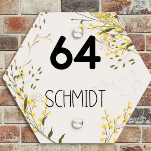 Gele bloemen - Modern Naambord Hexagon klein -sfeer2