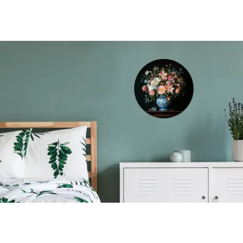 Roze - Bloemen - Vaas - Kleuren Wandcirkel aluminium klein -slaapkamer