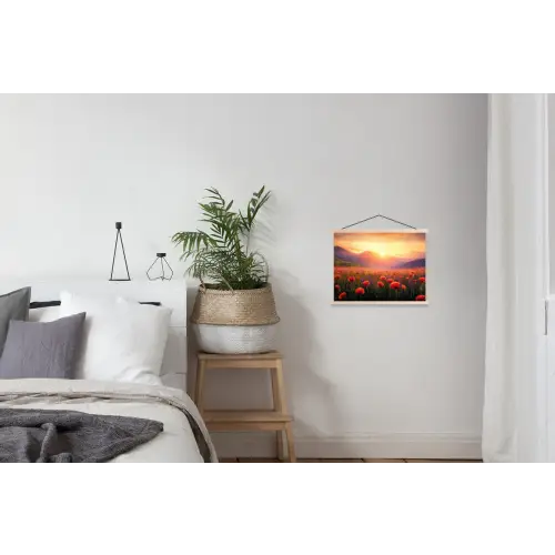 Landschap - Zonsondergang - Bloemenveld textielposter latten blank klein -woonkamer