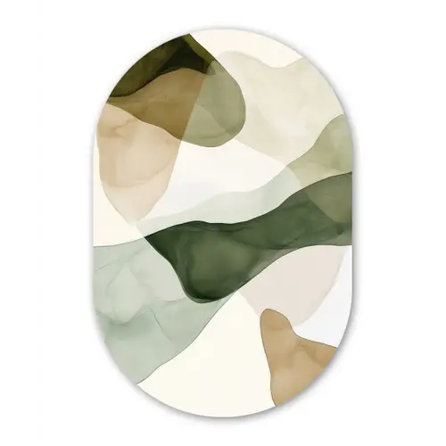 Japandi - Abstract - Groen Wandcirkel Ovaal Glas middel -3d