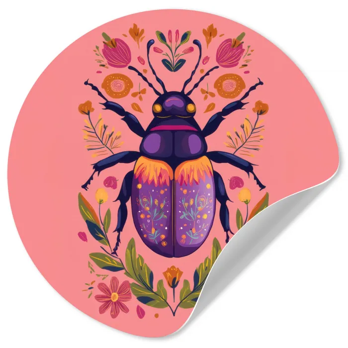 Paars - Kever - Stipjes - Bloemen Wandcirkel behangsticker klein -3d