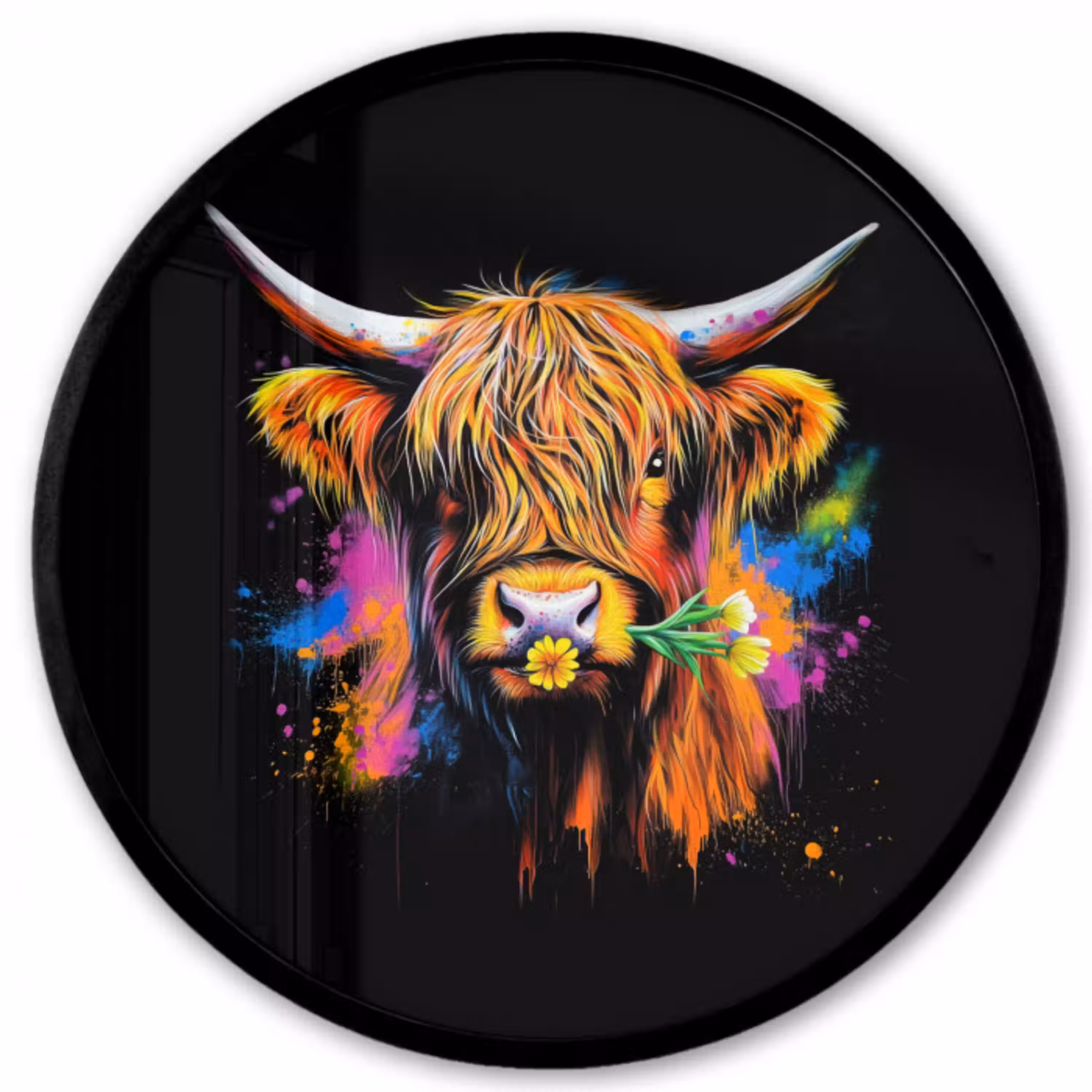 Schotse Hooglander - Graffiti - Kleurrijk - Bloem - Dieren Fotolijst rond zonder passe partout klein -3d