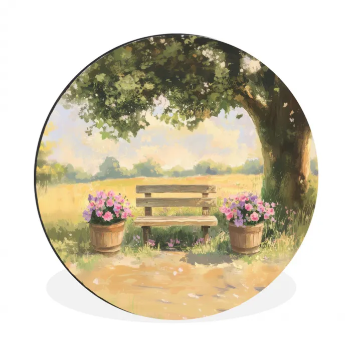 Houten bankje - Bloempotten - Landschap Wandcirkel aluminium klein -3d