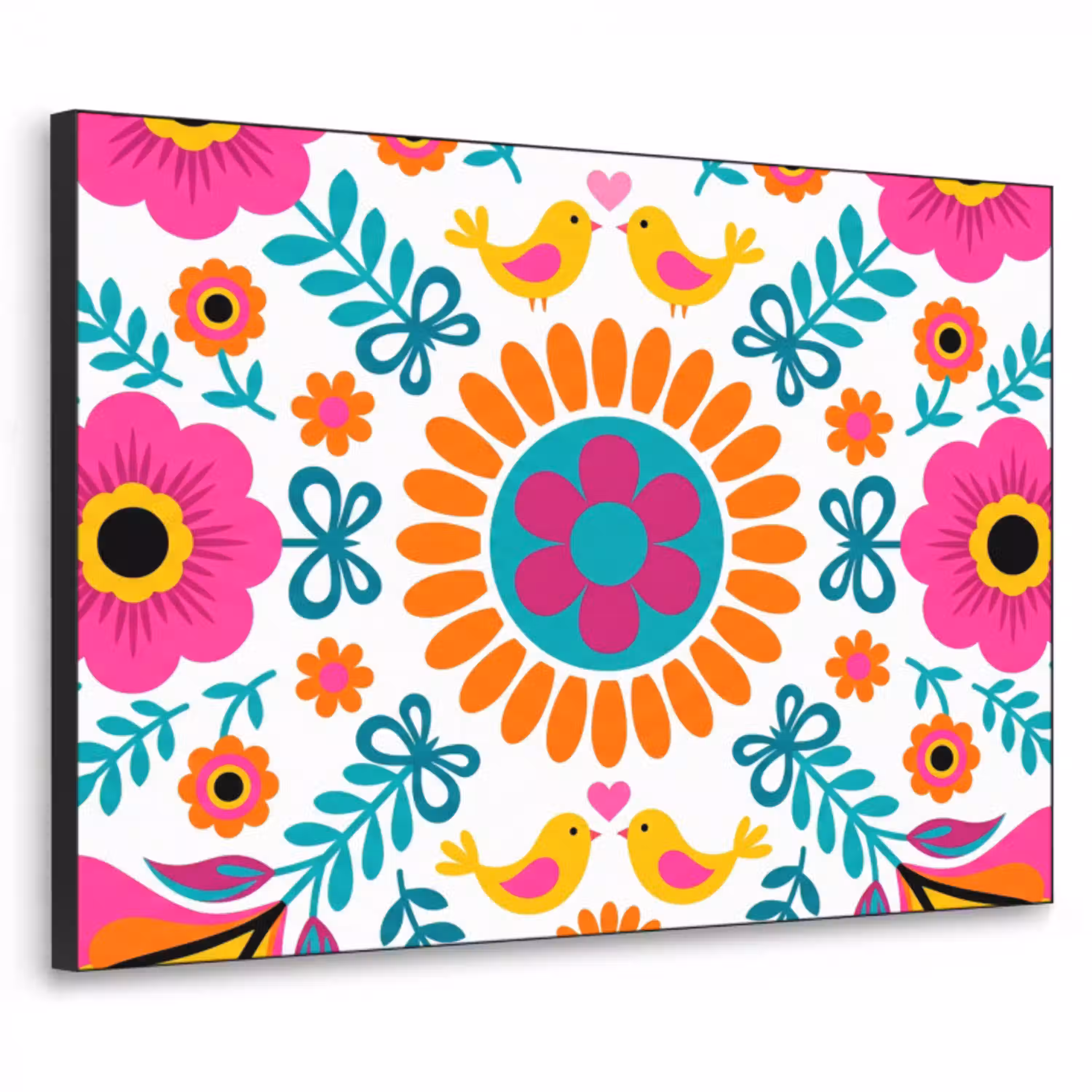 Bloemen - Vogel - Patroon - Kleurrijk - Modern Textielframe zwart klein -3d