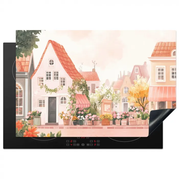 Bloemen - Huizen - Dorp Inductie beschermer vinyl 3mm klein -3d