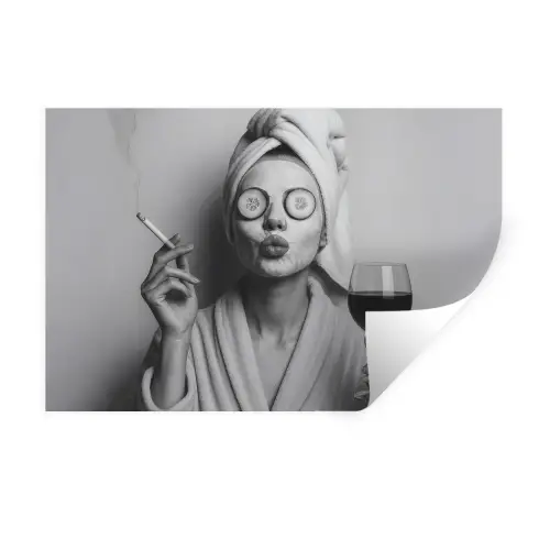 Vrouw - Masker - Wijn - Sigaret Muursticker klein -3d