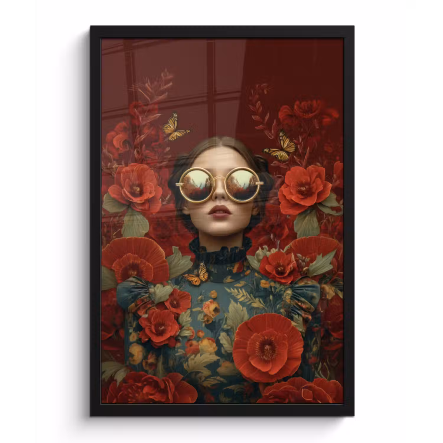 Poster met lijst - Bloemen - Dieprood - Zonnebril - Vrouw