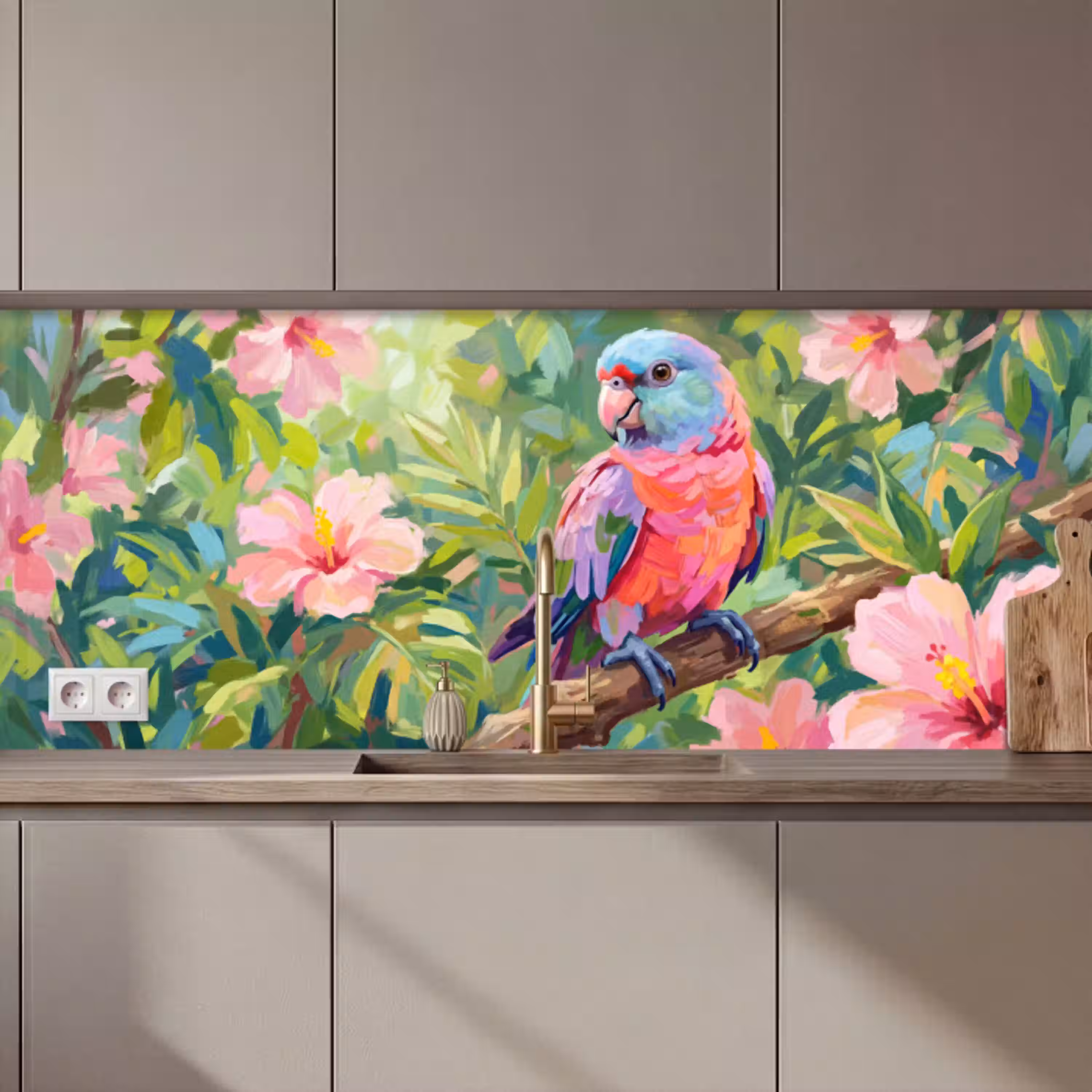 Papagaai - Hibiscusbloemen - Kleurrijk keuken achterwand 2 middel zz_3dshopping